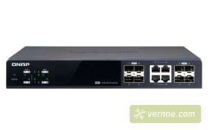 Коммутатор QNAP QSW-M804-4C   10 Gbps managed switch with 8 SFP + ports, 4 of which are combined with RJ-45, throughput up to 160 Gbps, JumboFrame support.