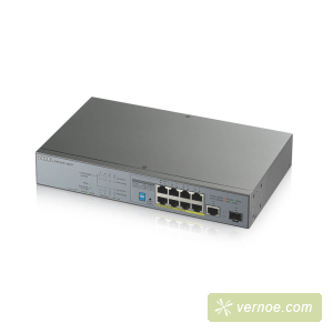 Коммутатор ZyXEL GS1300-10HP-EU0101F  GS1300-10HP PoE + switch for IP cameras, 9xGE (8xPoE +), 1xSFP, PoE budget 130 W, power transmission distance up to 250 m, increased overvoltage and electrostatic discharge protection