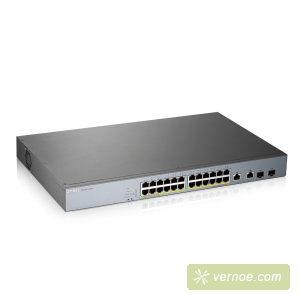Коммутатор ZyXEL GS1350-26HP-EU0101F  GS1350-26HP L2 PoE + switch for IP cameras, 24xGE PoE +, 2xCombo (SFP / RJ-45), PoE budget 375 W, power transfer distance up to 250 m, auto-reloading of PoE ports, increased overvoltage and electrostatic discharge pro