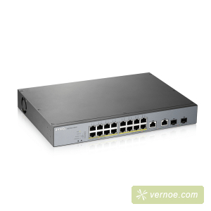 Коммутатор ZyXEL GS1350-18HP-EU0101F  GS1350-18HP L2 PoE + switch for IP cameras, 16xGE PoE +, 2xCombo (SFP / RJ-45), PoE budget 250 W, power transmission distance up to 250 m, auto-reloading of PoE ports, increased protection against overvoltage and elec