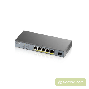 Коммутатор ZyXEL GS1350-6HP-EU0101F  GS1350-6HP L2 PoE + switch for  GS1350-6HP IP cameras, 4xGE PoE +, 1xGE PoE++ (802.3bt), 1xSFP, PoE budget 60 W, power transmission distance up to 250 m, auto-reloading of PoE ports, increased overvoltage and electrost